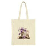 Purple Flower Tote Bag, Floral Grocery Bag, Botanical Design Tote, Cute Market Bag, Purple Floral, Gift for Her, Everyday Tote Bag - Tawshia